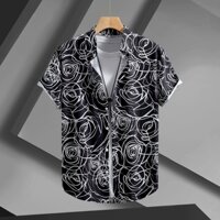 Áo Sơ Mi Nam Đen Trắng Hoa Hồng In Áo Sơ Mi Tay Ngắn Cho Nam Áo Quần Áo Mùa Hè Mới