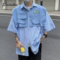 Áo sơ mi nam đẹp trai giản dị Thiết kế lấy cảm hứng từ áo khoác ngắn tay cao cấp Nhật Bản áo sơ mi sọc xanh trắng