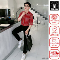 Áo Sơ Mi Nam FIGTREE Thời Trang Thiết Kế Sọc Trắng Nền Đỏ