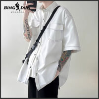 Áo sơ mi nam form rộng hàn quốc simple viền chỉ nổi chất thô form rộng áo sơ mi nam ngắn tay cargo vintage unisex áo trắng