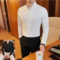 Áo sơ mi nam hàn quốc cổ trụ - Mẫu Thiết Kế Đẹp MM102 ,  vải lụa trơn cao cấp dáng ôm công sở tay dài trẻ trung