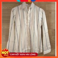 Áo sơ mi nam Hàn Quốc tay dài màu trắng sọc nhỏ thưa xanh dương 080