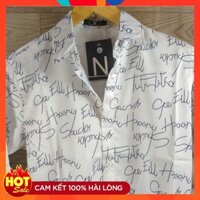 Áo sơ mi nam Hàn Quốc tay dài màu trắng họa tiết chữ đen 027