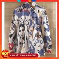 Áo sơ mi nam Hàn Quốc tay dài màu trắng họa tiết màu xanh đỏ đen 067