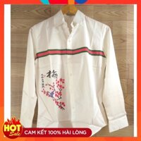 Áo sơ mi nam Hàn Quốc tay dài màu trắng sọc ngang ngực - họa tiết hoa đào 094
