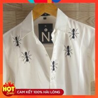 Áo sơ mi nam Hàn Quốc tay dài màu trắng họa tiết kiến đen 022