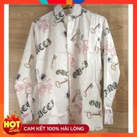 Áo sơ mi nam Hàn Quốc tay dài màu trắng hoa văn ong lá đỏ đen 042