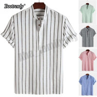 Áo Sơ Mi Nam Henley Tay Ngắn Vải Lanh Cotton Áo Thun Cổ Quan Thoại Sọc Mỏng Kurta Cotton Kéo Trên Nút Lên Nam Áo