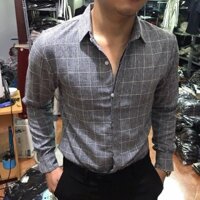 Áo Sơ Mi Nam Kẻ Carô Màu Ghi xám vải đũi cao cấp
