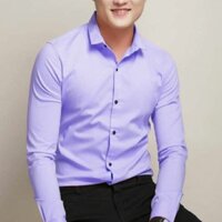 ÁO SƠ MI NAM MÀU TÍM NHẠT DÁNG ÔM CỔ BẺ KHÔNG NHĂN