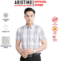 Áo sơ mi nam ngắn tay ARISTINO somi cộc công sở sợi tre cao cấp form suông rộng tà bằng có túi màu trắng kẻ xám ASS075S3