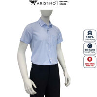 Áo sơ mi nam ngắn tay ARISTINO ASS029AS3 somi công sở cao cấp màu xanh in vải sợi tre dáng buông tà bằng có túi