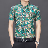 Áo Sơ Mi Nam Ngắn Tay Lụa lạnh nam Áo sơ mi chống nhăn in hoa mùa hè cho người trung niên và cao tuổi có túi thật cổ vuông công sở