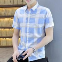 Áo Sơ Mi Nam Ngắn Tay Phối Họa tiết Caro Ô TÔ Mẫu Mới Thời trang EMEY LUXURY Cao Cấp Tạo Cảm Giác Thoải Mái Khi Mặc - Xanh nhạt,M