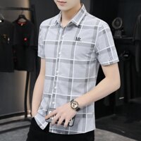 Áo Sơ Mi Nam Ngắn Tay Phối Caro  - Xám - XL