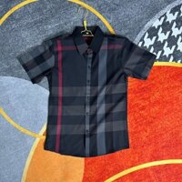 Áo sơ mi nam ngắn tay xám đen phối sọc đỏ vải cotton thô mềm mịn thoáng mát sang trọng-AHFASHION