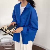 Áo sơ mi nam nữ dài tay giống nhau Klein Blue Solid Color Simple Top
