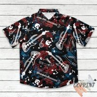 Áo sơ mi nam nữ hoạ tiết đàn guitar vintage, Hawaii tay ngắn đi biển cho cặp đôi team nhóm, thấm hút chống nhăn