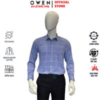 Áo sơ mi nam OWEN AR240623DT somi dài tay công sở màu xanh dương caro trắng dáng Regular Fit tà lượn có túi chất nano