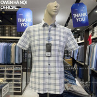 Áo sơ mi nam Owen ngắn tay màu kẻ trắng xám body fit vạt ngang vải sợi polyester nano AB240017NT