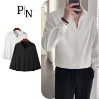 Áo sơ mi nam PN STORE cổ V hàn quốc form rộng không nút trắng đen , Áo sơ mi cổ vest dài tay vải lụa chống nhăn SMV