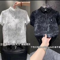 Áo sơ mi nam POLO đính đá, cổ lọ, phong cách retro, thời trang, tay ngắn, cao cấp, phong cách Pháp