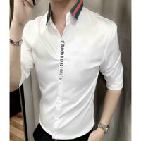 Áo sơ mi nam sọc cổ xanh đỏ họa tiết chữ - XL