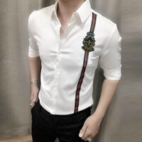Áo sơ mi nam sọc dọc đen đỏ họa tiết con ong - Trắng - L