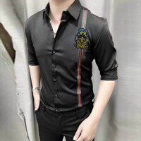 Áo sơ mi nam sọc dọc đen đỏ họa tiết con ong - Đen - L