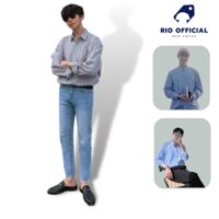 Áo sơ mi nam stripes kẻ sọc hàn quốc 2 màu xanh, xám form rộng dài tay, chất liệu thoáng mát