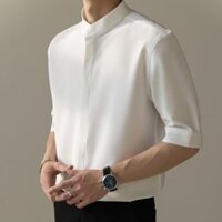 Áo Sơ Mi Nam Tay Ba Phần Tư Phong Cách Hàn Quốc Polo Đứng Cổ Kinh Doanh Drap Màu Xanh Lá Cây Rời Thường Ngày ZXR62