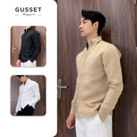 Áo sơ mi nam tay dài trơn màu trắng màu đen vải tafta cao cấp cổ V GUSSET SMP09