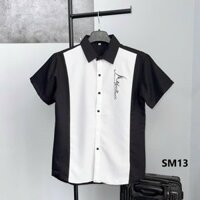áo sơ mi nam tay ngắn chữ ký màu trắng trẻ trung,chất vải lụa mango mềm mịn phong cách thời trang Ngamimi shop S13
