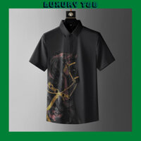 Áo Sơ Mi Nam Tay Ngắn Đính Đá Hình Con Ngựa Cao Cấp Chất Vải Thoáng Mát Chống Nhăn