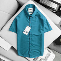 Áo sơ mi nam tay ngắn ZARA màu XANH CỔ VỊT vải cotton lụa cao cấp chống nhăn - MALLARD BLUE