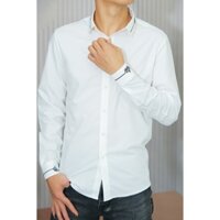 Áo Sơ Mi Nam Trắng Tay Dài Vải Lụa RIMY SHOP _Thêu 2 Sọc Lá Cổ Đẹp Trẻ Trung Tinh Tế, Form Slimfit Tôn Dáng