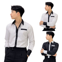Áo sơ mi nam vải mango mịn mát hàn quốc tay dài trắng đen phối viền túi thấm hút mồ hôi co dãn tốt
