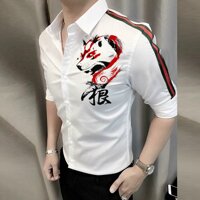 Áo sơ mi nam viền vai xanh đỏ họa tiết sói - M
