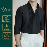 Áo sơ mi nam Xếp Ly cổ Button Down Màu Đen/Màu Trắng, from dáng Hàn Quốc-VuHai