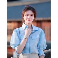 Áo Sơ Mi Ngắn chít eo đẹp sang trọng độc đáo Áo sơ mi nữ thiết kế cổ polo xanh kiểu Pháp mùa hè
