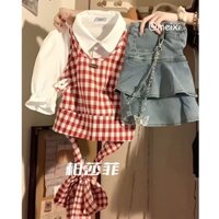 Áo Sơ Mi Ngắn Hai Dây Cổ Bẻ Dáng Ôm Họa Tiết Sọc Caro Đỏ Đính Nơ Xinh Xắn