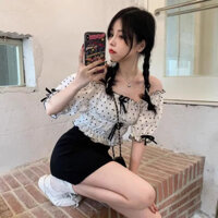 Áo sơ mi ngắn tay chấm bi tay phồng kiểu Pháp Áo thun ngắn thắt nơ nữ áo hở xương quai ngang vai Xia Jia Guan Ji I PBCR