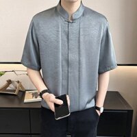 Áo sơ mi ngắn tay cổ bằng lụa băng 2024 Nam Phong cách Trung Quốc mới dành cho nam Phong cách dân tộc Bộ đồ Trung Quốc Áo sơ mi nửa tay NZ250110