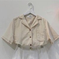 Áo Sơ Mi Ngắn Tay Cổ Vest Phối Viền Nữ Vải Thô Đũi Viền Cổ , Áo Sơ Mi Cộc Tay Cổ Vest Phối Viền Freesize TF425