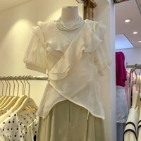 Áo Sơ mi ngắn tay lệch vai xếp nếp hợp thời trang mùa hè khí chất nhỏ Áo sơ mi voan kiểu Pháp dành cho nữ công sở