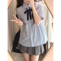 Áo sơ mi ngắn tay màu xanh dáng rộng áo sơ mi xếp ly Hàn Quốc