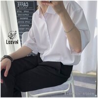 Áo Sơ Mi Ngắn Tay Nam Nữ Cổ Vest TRƠN Trắng Và Đen - Kiểu sơ mi tay ngắn form rộng Cổ Vest và Cổ Đức