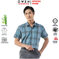 Áo sơ mi ngắn tay nam OWEN AB230039NT somi công sở màu kẻ caro xanh nâu vải sợi tre cao cấp form body fit tà bằng có túi