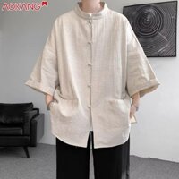 Áo sơ mi ngắn tay vải lanh thời trang AOKONG Republic of China style Hanfu nam mùa hè dáng rộng thấm mồ hôi đẹp trai đáy áo sơ mi