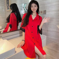 Áo Sơ Mi Ngày Váy Ngủ Kích Thước Lớn Lụa Nữ Bộ Đồ Ngủ Ren Loungewear Đỏ Váy Ngủ Tay Ngắn Băng Lụa